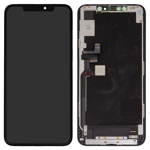 Дисплей для iPhone 11 Pro Max, чорний, з рамкою, Оригінал переклеєне скло , з пластиками камери та давача наближення