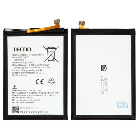 Battery BL 39LT compatible with Tecno Camon 12, Camon 12 Air CC6 , Spark 4, Spark 4 Lite, Spark Go Plus, Li Polymer, 3.85 V, 4000 mAh, Original PRC  