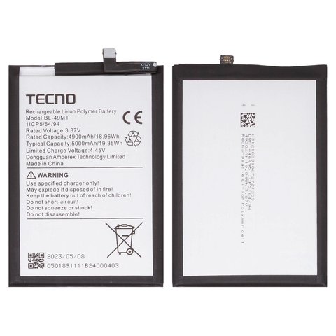Batería BL 49MT puede usarse con Tecno Camon 19 Pro, Camon 19 Pro 5G, Li Polymer, 3.87 V, 5000 mAh, Original PRC 