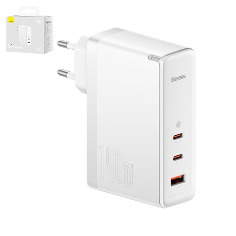 Мережевий зарядний пристрій Baseus GaN5 Pro, 140 Вт, Quick Charge, білий, з кабелем USB тип C до USB тип C, 3 порта, #CCGP100202