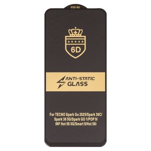 Захисне скло ESD 6D для Tecno Spark 30C, Spark 40 KM5 , Spark Go 2025 , Spark Go 1 KL4 ; Infinix Hot 60 X6726 , Smart 10 X6725 , Smart 9 X6532 , сумісне з чохлом, Full Glue, Anti Static, без упаковки , чорний
